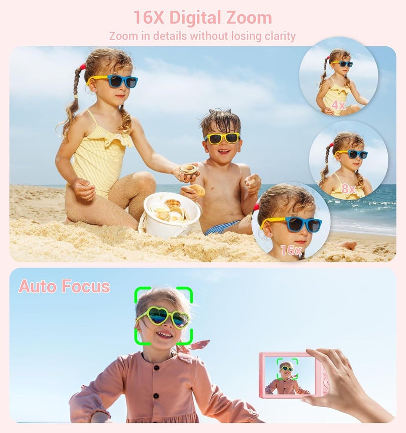 ceye Digital Camera, 2026 Upgraded FHD 4K Pink Digital Camera for Kids Teens Girls, Compact Cameras with 64GB Memory Card 2 Batteries, Small Portable Camera with 16X Autofocus Digital Zoom for Vlogging - Image 5